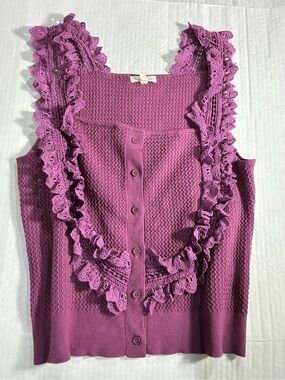 FLINT & MOSS RUFFLE TRIM KNIT BUTTON TANK